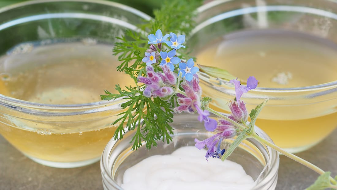 Naturkosmetik in Glasschalen mit frischen Kräutern und Blüten